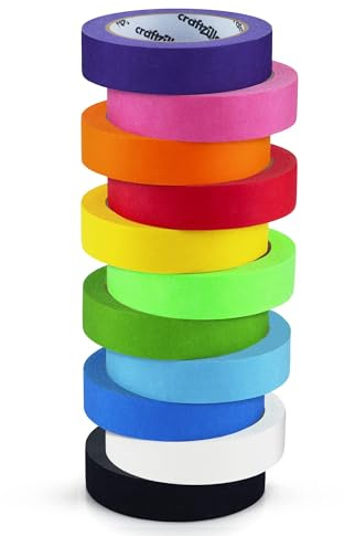 Craftzilla Colored Masking Tape - 11 Roll Multi- Pack, 825 Ft x 1 Inch - Colored Painters Tape for Arts & Crafts Labeling or Coding, Kids Art Supplies Color Tape Rolls, Colorful Masking Craft Tape