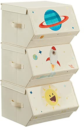 SONGMICS Aufbewahrungsbox Kinder, 3er Set, Faltboxen, Spielzeugkiste mit Deckel, 38 x 35 x 25 cm, für Kinderzimmer, Spielzeugzimmer, Weltraummotive, beige RLB700M01