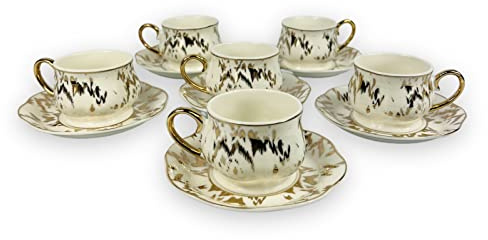 Bavary Designer Espressotassen Weiß-Gold Espressoset für 6 Personen - Keramik Tassen und Untertassen - 6x Tassen + 6x Untertassen - Porzellan