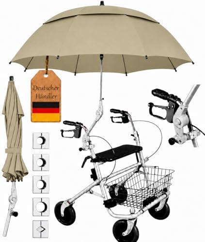 FabaCare Rollatorschirm Protektor 2.0 – Air-Vent Modell 2026 (Doppeldachsystem) – windstabiler Regenschirm & Sonnenschirm mit Halterung für Rollatoren – passend für Rundrohre & Ovalrohre, Gelbgrau