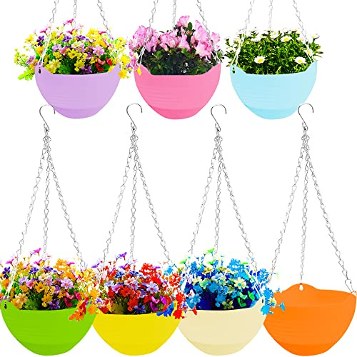 7 Stück 20,3 cm Kunststoff-selbstbewässernde hängende Pflanzgefäße, bunte Garten-Blumentopf-Behälter, hängende Pflanzkörbe mit Abtropfgestell und Kette für den Innen- und Außenbereich, 7 Farben