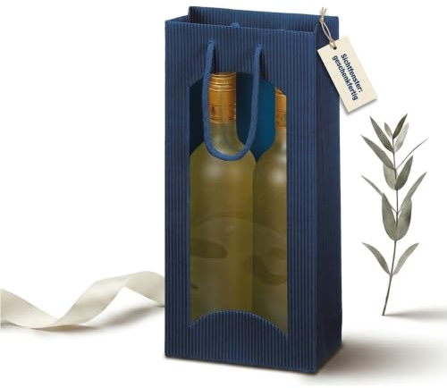 KK Verpackungen Flaschentragetasche Geschenktüte 2 Flaschen | 20 Stück, 170x85x360 mm | Wellpappe mit Sichtfenster, Blau | Weinflaschen Sektflaschen | 100% recyclebar