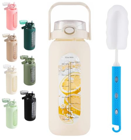 SIEROZUR Glas-Wasserflasche mit Strohhalm und Griffdeckel, 1.5 l, motivierende Glasflasche mit Silikonhülle und Zeitmarkierung, groß, wiederverwendbar, Zuhause, Workout