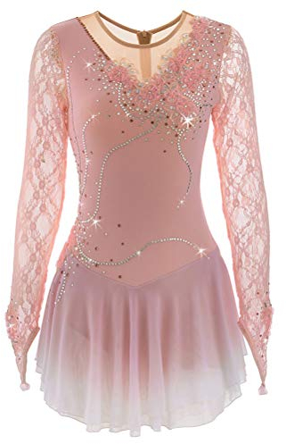 Eiskunstlauf Wettkampf Kleid Für Damen Mädchen Spitzen Langarm Handgemachte Abziehbilder Gymnastik Eislauf Performance Kostüm Professionelle Trainingskleidung Aus Elastan Für Ballett,H,12_15Years
