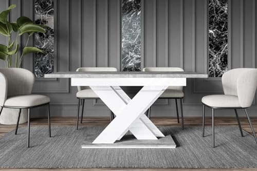 ALTDECOR Esstisch ausziehbar, ideal als Küchentisch, Esszimmertisch - oder Wohnzimmertisch, solide Konstruktion aus Möbelplatte, 140-180x80x75 cm - Betonoptik/Weiß Hochglanz- RONX