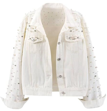 LifeShe Women's Pearls Denim Jacket Cropped Rhinestones Jean Jacket Coat
