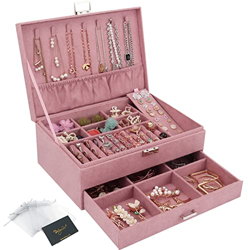 DesignSter Portagioielli, grande organizer per gioielli con cassetto e serratura, custodia per gioielli in velluto a 2 strati, custodia per gioielli per collane, orecchini, bracciali e anelli, Rosa