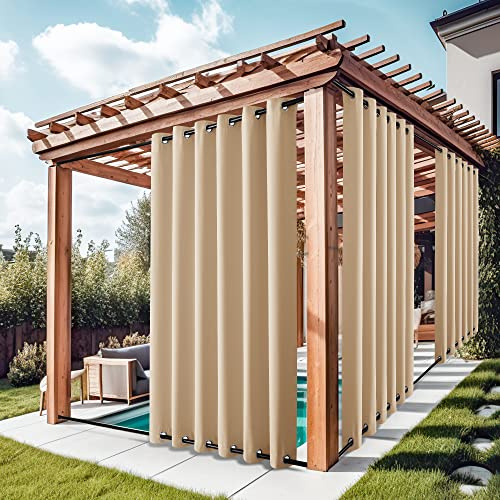 NICETOWN 2 Panels Outdoor Curtains for Patio Waterproof, Rustproof Grommet Top & Bottom Weighted Outdoor Drapes Windproof Thermal Insulated for Balcony/Cabana, Biscotti Beige, W84 x L108