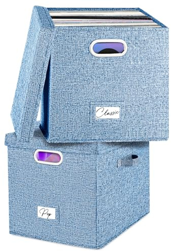 Lot de 2 boîtes de rangement pour disques vinyles – Pour plus de 100 disques vinyles simples, caisses empilables en lin avec couvercle, support de collection de musique pour jouer de la (bleu)