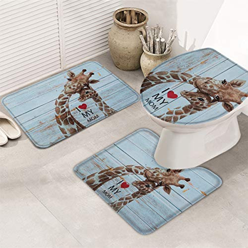 Set 3 Teilig Badvorleger Glückliche Muttertag-Giraffe-Holz-Textur Wasserabsorbierend Bade-Matte+Kontur+Wc-Deckelabdeckung Weiche Kontur Badteppich Für Wohnzimmer Dusche Wc-Sitz Bezug