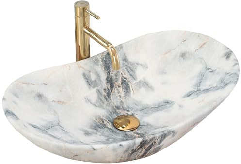 Rea Aufsatzwaschbecken ROYAL GRANITE MATT Waschtisch Handwaschbecken Spülbecken Waschschale Waschbecken für Badezimmer aus hochwertiger Keramik 605 x 360 x 160 mm (Grau, Marmorimitat)