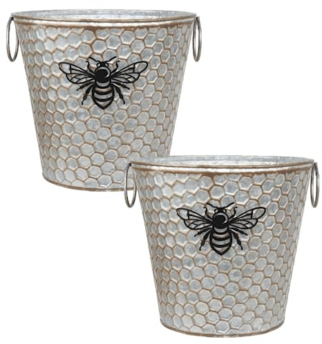 Fyne-Finds Set of 2 Round 20cm, 8inch Metal Honey Comb Bumble Bee Plant Pot Tin Pail Planter Gold Decor
