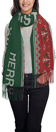 QQIAEJIA Damen Herbst Winter Bunt Tie Dye Print Rot Schal Klassische Quaste Schal Warm Weich Groß Wrap Schal Schals, Frohe Weihnachten Strickmuster, One size