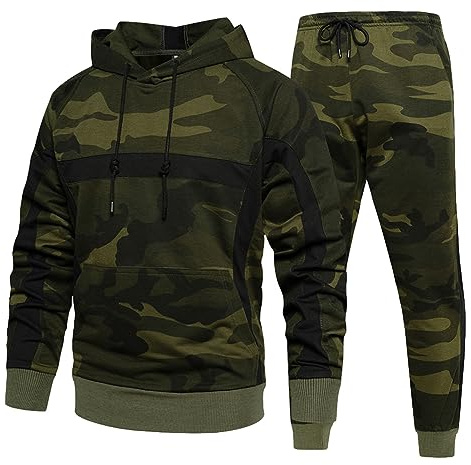 Jamron Homme Ensemble de Survêtement Camouflage 2 Pièces Sweats à Capuche et Pantalon de Jogging Vêtements de Sport Décontracté Vert Armée XL