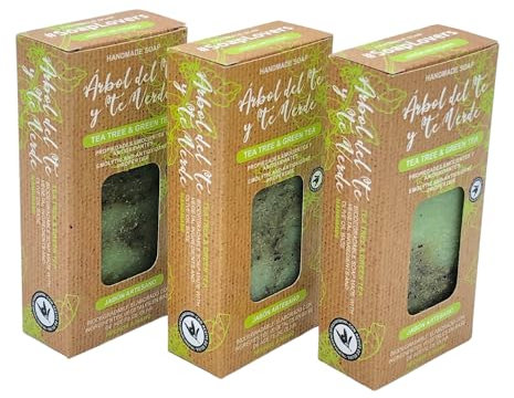 Pack 3 Jabón de Arbol de Té Natural Biodegradable - Jabon de Manos, Cuerpo, y Cara para acné, hongos y bacterias, Pastilla Sólida Ecológica y Artesanal, Vegano y Sin Aceite de Palma