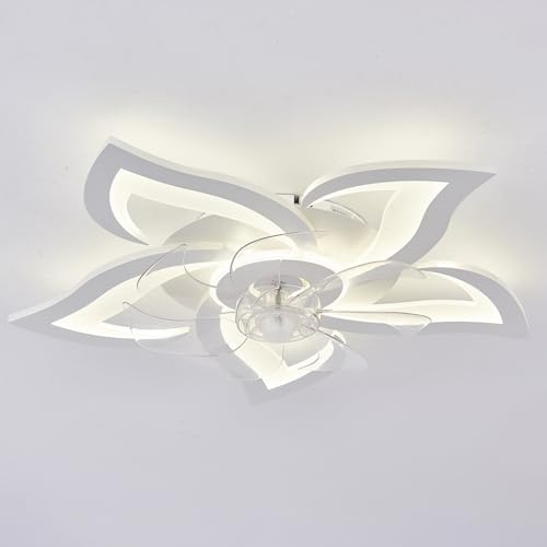 ycwdcz Legno Lampadario Ventilatore Con Telecomando Motore Dc Silenzioso Reversibile 6 Velocità Plafoniera Con Ventilatore Led Dimmerabile Fiore Design Per Camera Da Letto Soggiorno-White
