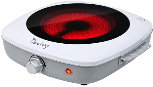 Davivy Single Burner Hot Plate with Sturdy Handle, 7.9 inch Ceramic Glass Cooktop, 1200W Infrared Cooker, Compatible Of All Cookware, White