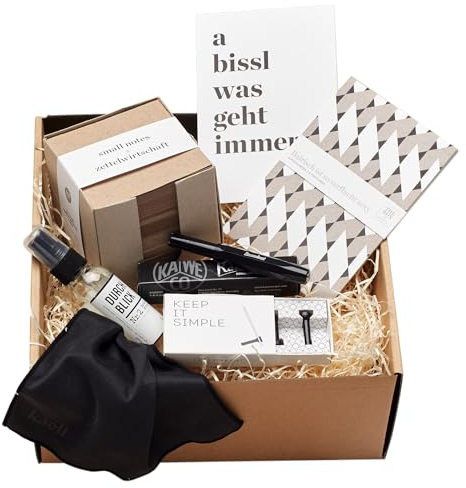 JA SERVUS! - Geschenkset für das Office - Office Gadgets - Postkarten Set - Gel Roller Black - Öko Cube Notizzettel-Box - Pop-up Frame Magnethalter 3er Set - Bildschirmreiniger/Tuch - antistatisch