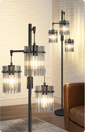 VOUTOORO Industrial Modern Floor Lamps for Living Room, Dimmable Glass Tree Standing Tall Lamps with 3 Elegant Teardrop Cage Head & 1200 Lumens LED Bulbs for Bedroom Office (66inch Tall)