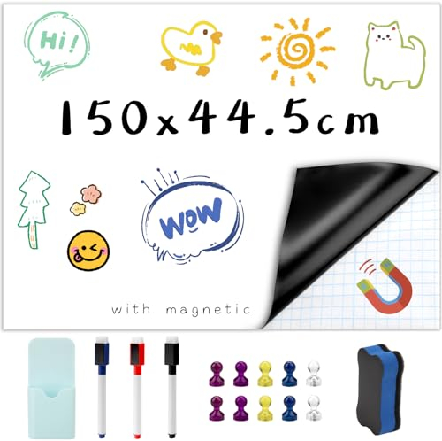 Ziamzra Lavagna Magnetica 150x44.5 cm Lavagna Magnetica da Frigo Adesiva Lavagna Adesiva Pellicola Lavagna Flessibile Includere Pennarelli Magneti Box Organizer Cancellino per Educatori Aule Uffici