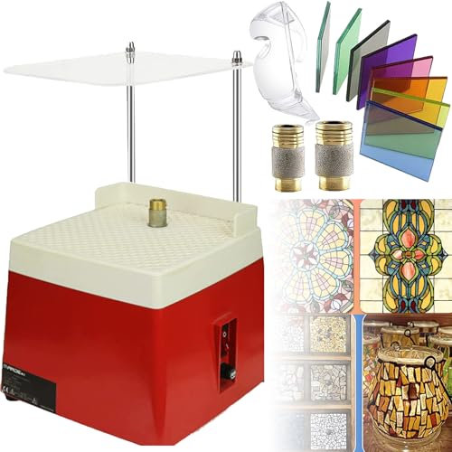 Machine Meuler Verre, DéCoration Des Arts De Traitement Du Verre, Avec MèChes De Meuleuse De 5/8 Et 1, Conception De Lit D'Eau + DéFlecteur De Protection Des Yeux + Lunettes,Red