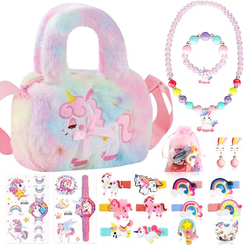 BBLTIFF Enhörning smycken barn flicka handväska, enhörningsväska med smyckeset, enhörning flicka leksak, barn flickor smycken 3–9 år, enhörningsväska med hårklämma, armband, halsband, ring