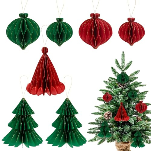 DARENYI 7 Stück Baumschmuck Weihnachten, Hängende 3D Papier Waben Weihnachtsdeko, Weihnachten Tischdekoration, Wiederverwendbar Weihnachtskugeln für Weihnachtsbaum deko, Fenster, Esstisch, Kaminsims