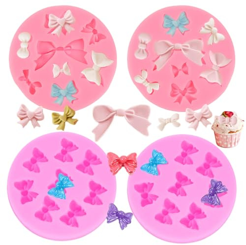 4 PCS Bow Fondant Molds Mini Bow Silicone Fondant Mold Pink Bowknot Candy Chocolate Molds for Cake Cupcake Birthday Wedding Party Soap Cookie Cake Decorating