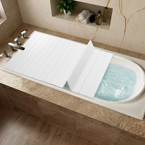 VonVVer Faltbare Badewannenabdeckung 70x170cm aus PVC Weiß | Wasserdichte Wannenabdeckung mit Holzmaserung, Badewannenbrett, 4kg Belastbar für Laptop & Aromatherapie, Badezimmer Zubehör