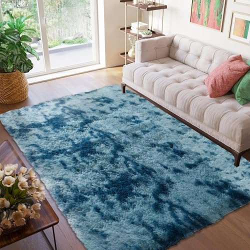 CUIMEI Teppich Schlafzimmer Flauschig 90 x 90 cm, Einfarbiges Design, Langflor Modern Kunstfell Weich Flauschig, für Kinderzimmer Schlafzimmer Bettvorleger Teppich, Dunkelblau