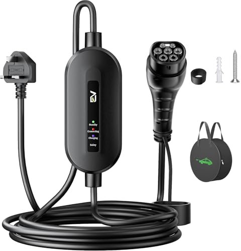 Evjuicion EV Charger 3 Pin Plug 10M, [2.3kW, 10A] EV Charger Cable Type 2 to 3 Pin Plug, IP67/IP65 Electric Car Charger Type 2 Charging Cable with Gun Holder & Carry Bag