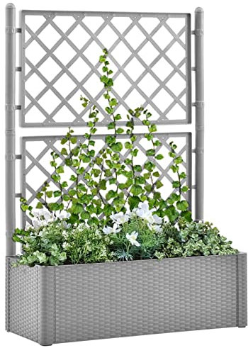 Xichuzi Garten-Hochbeet mit Spalier und Selbstbewässerungssystem Grau, Palettenrahmen, Hochteich, Gemüsebeet, Kräuterregal Balkon, Blumenbeet, Kräuterspirale, Tomatenbeet, Pflanzhochbeet - 317578