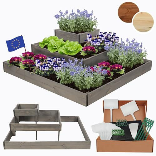 MODO24 Hochbeet Holz, Blumenkasten, Gartenbeet, 27x92x92cm, Grau | Robustes Kräuterbeet & Pflanzbeet aus Kiefernholz, Stufenförmiges Blumenbeet & Gartenbeet für Garten, Balkon & Terrasse