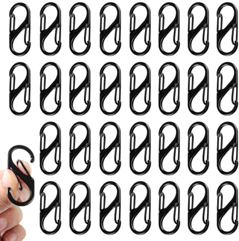 30 Stück S Karabiner, 32mm Mini Karabinerhaken Metall Schraubkarabiner Doppelfeder 2 Öffnungen für Outdoor Camping Wandern (Schwarz)