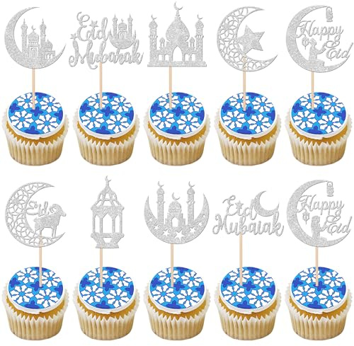 Xsstarmi 30 Pack Eid Mubarak Cupcake Toppers Gold Silver Moon Star Ramadan Kareem Cupcake Picks Eid al-Adha Cupcake Decorations for Eid Islamic Muslim Theme Party Cake Decorations Supplies