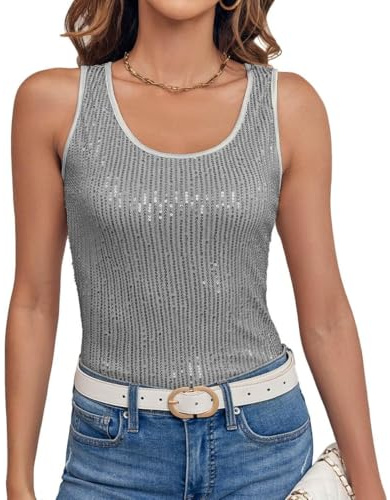 Imily Bela Top Damen Sommer Pailletten Tanktop Slim Fit U-Ausschnitt Ärmellos Elegant Oberteile Sexy Party Bluse Cocktail Club Outfits(Grau,M)