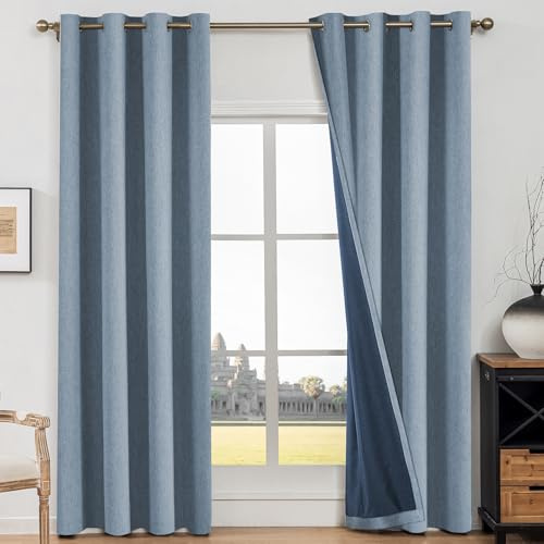 CYCMACO Tende Per Interni Finto Lino 2 Pezzi, 140x180cm, Tenda Termica Isolante Freddo E Caldo Moderne, Tende Oscuranti, Tenda Oscurante Da Interno Con Anelli, Per Soggiorno Camera, Blu