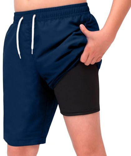 Meilonger Short de bain pour garçon 2 en 1, short de bain pour enfant, à séchage rapide, short de surf, maillot de bain avec pantalon de compression intérieur et cordon de serrage réglable, 164