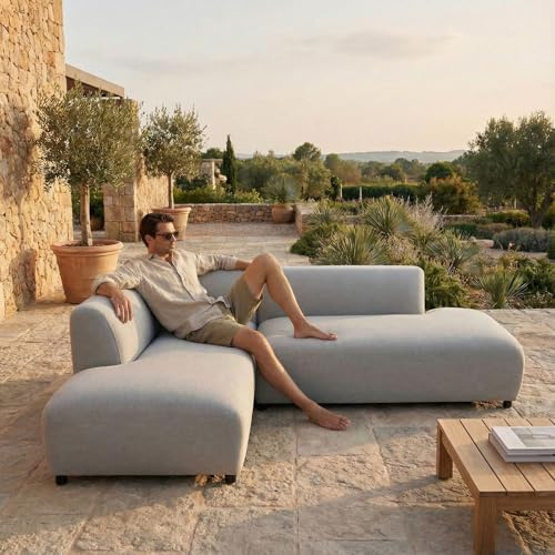 IDIMEX Outdoor-Sofa Calabria gepolstert, Hellgrau – mit gemütlicher Polsterung für Ihre Gartenlounge aus wetterfestem Stoff und robustem Aluminium für Terrasse oder Balkon