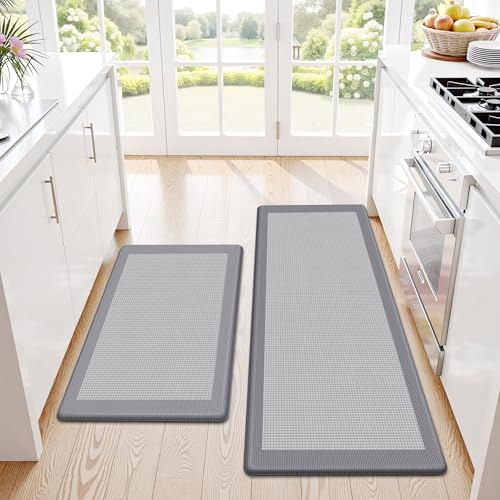 SofterCharm Kitchen Mats, 2PCS Kitchen Rugs for Floor, Cushioned Anti-Fatigue Mats for Kitchen Floor, Non-Slip Standing Desk Mat for Sink, Home, Laundry & Office, 17.3x30+17.3x47 (Grey)