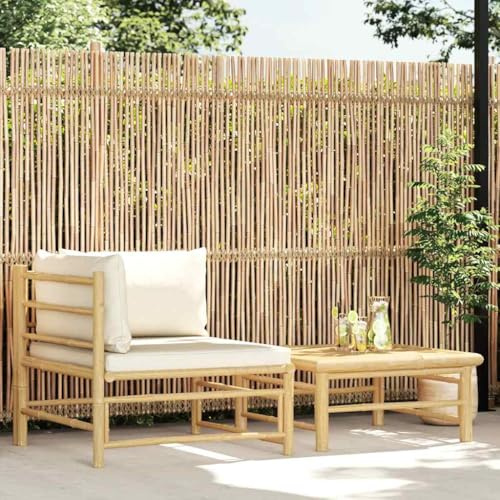 YuuSsea 2-TLG. Garten-Lounge-Set, Cremeweißes Bambus-Loungeset für Terrasse, Outdoor-Möbel mit Tisch, Bequeme Kissen, perfekt für den Außenbereich