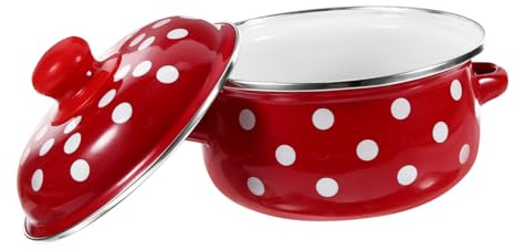 TOGEVAL Olla de Esmalte con Tapa Doble Mango Ergonómico Diseño Vintage Rojo y Blanco con Olla para Sopa Resistente y Fácil de Limpiar para Cocina de Gas