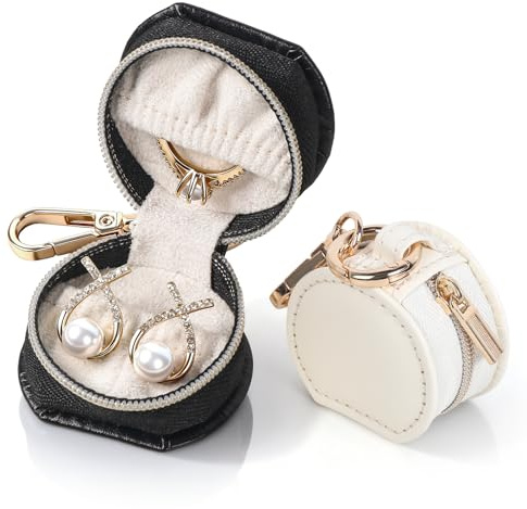 Solkraes 2 Stück Schmuckkästchen Reise, Schmuckaufbewahrungs Klein mit Schlüsselanhänger, Tragbare Schmuck Reiseetui fuir Damen, Mini Reise Schmuckbox für Ohrringe Ringe Halsketten (Beige&Schwarz)