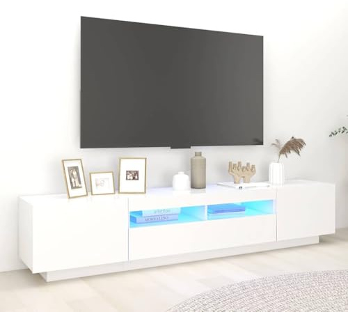 Meuble TV Blanc Moderne avec Bandes LED RVB 200 cm, Télévision avec Éclairage Ambiant pour Salon, Meuble TV LED pour Console de Jeu et Home Cinéma, Design Pratique et Tendance