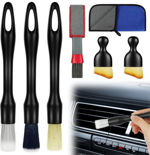 AYESY Kit Limpieza Coche Cepillo, 8 Piezas Suaves Cepillo Detalle para Limpiar con Toalla Microfibra y Bolsa para Coche Interior Salpicadero Rejillas de Ventilación Ranuras para Eliminar el Polvo