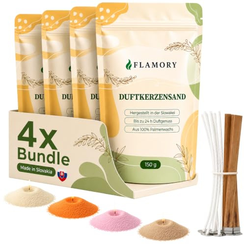 Flamory Kerzensand mit Duft Elegance 4x150g, inkl. 12 Dochte, 96h Brennzeit | Düfte im Set: Vanille, Orange, Sandelholz, Rose. 100% pflanzlicher Duftkerzensand aus der Slowakei, ohne Paraffin, rußarm.