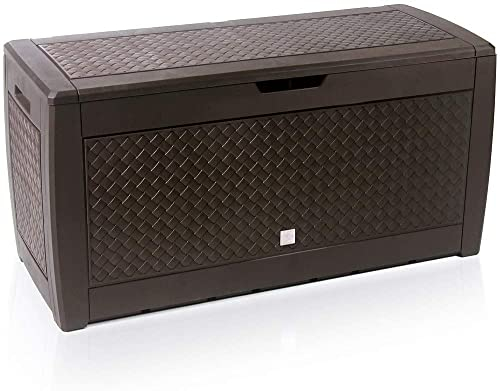 Casaria Coffre de Rangement Aspect Osier Brun Malle 310 litres Stockage Coussins avec roulettes Extérieur Jardin