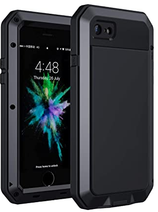 iPhone 7 / 8 Case, Heavy Duty Shockproof Lanhiem Tough Armour Metal Case with [Tempered Glass Screen Film], 360 Full Body Protective Cover for iPhone 7 8, Dust Proof Design -Black