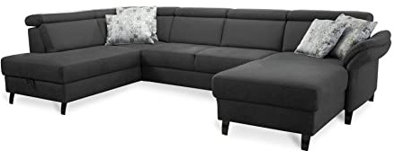 Cavadore Wohnlandschaft Ammerland mit Federkern, Schlafsofa mit Bettfunktion und Bettkasten, inkl. Kopfteilverstellung, 317 x 84 x 193, lederoptik dunkelgrau