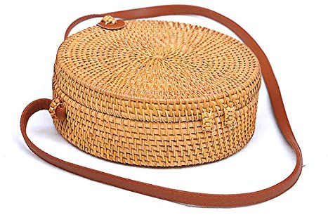 FABSELLER Damen Vintage Stroh gewebte Tasche Lederriemen Runde Rattan-Tasche Frauen Strand Handtasche Crossbody Umhängetasche